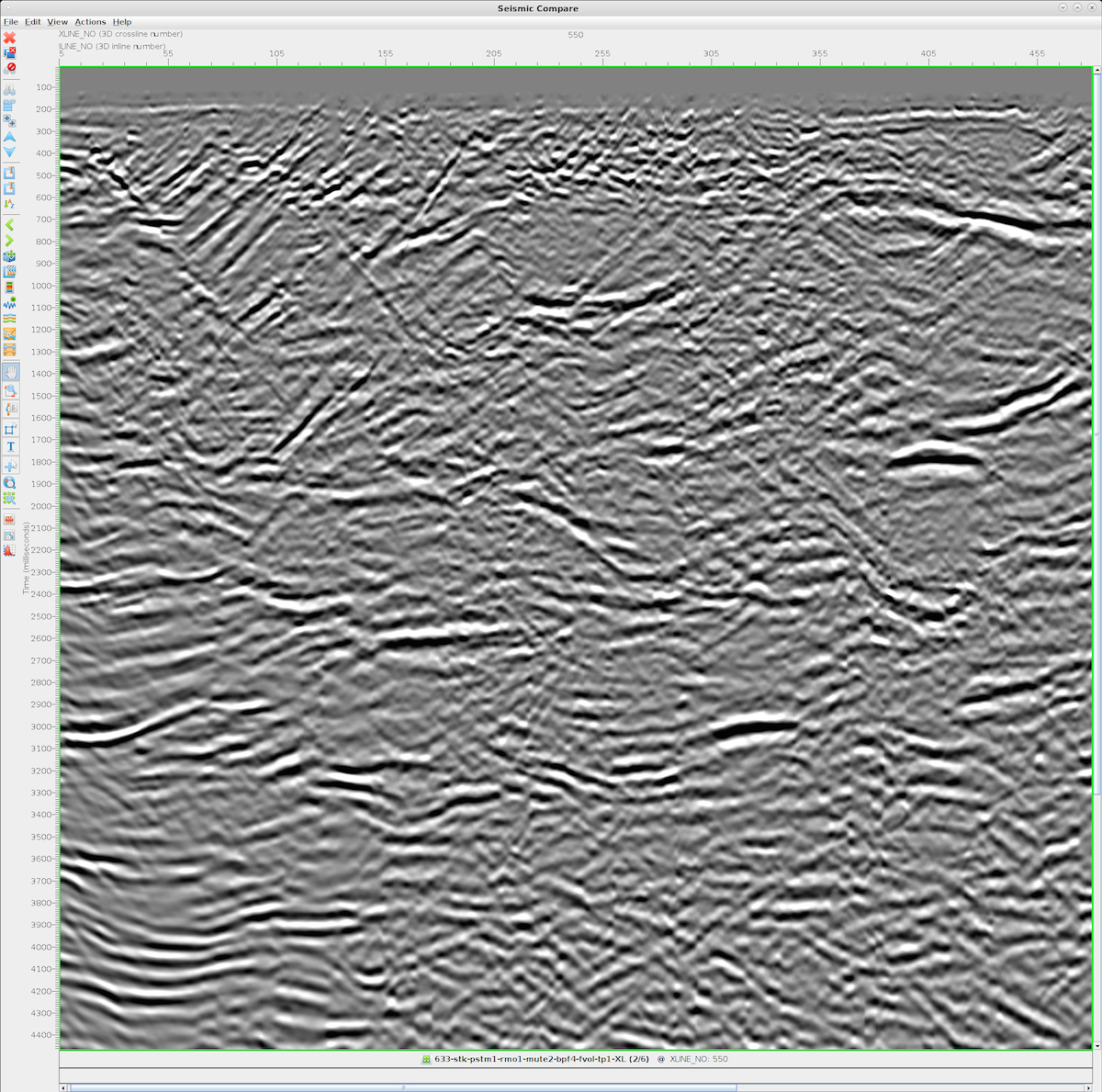 The same PSTM stack after the TBI Tau-P coherency filter, showing greatly improved faulting and reflector continuity
